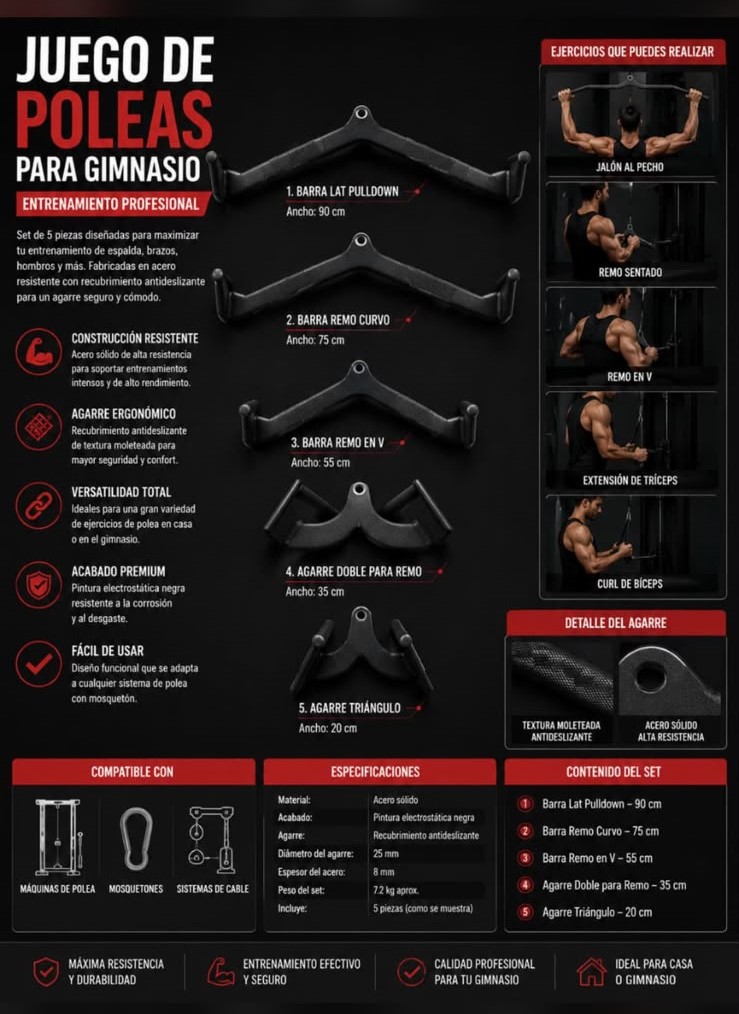 Juego de poleas para gimnasio, set de 5 agarres de acero: lat pulldown, remo y triángulo